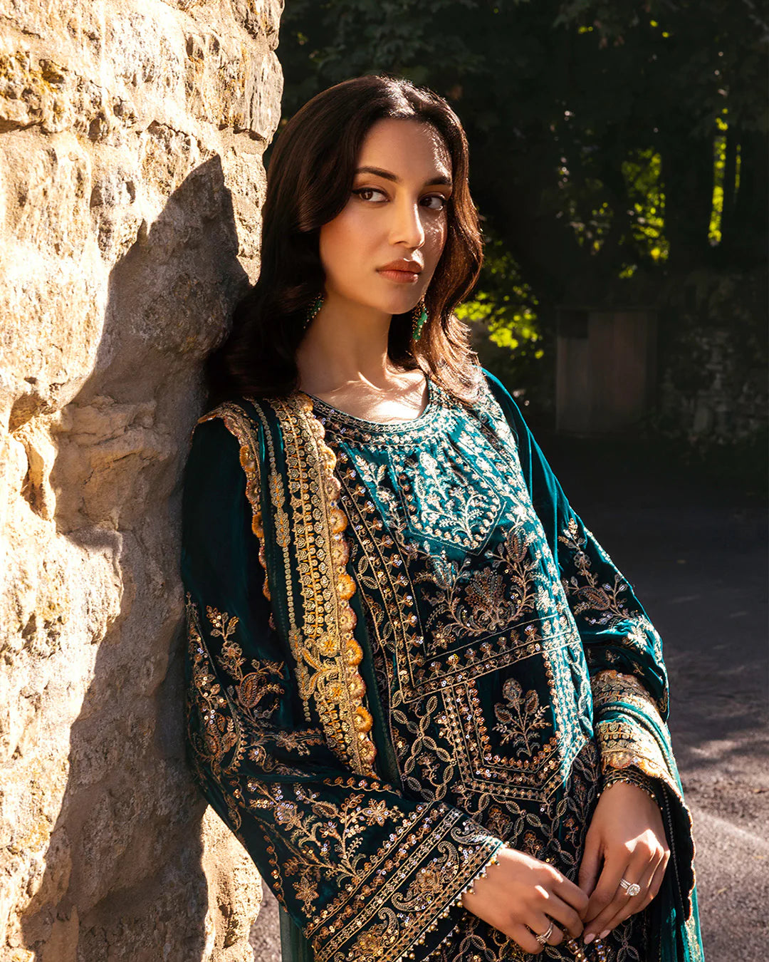 Faiza Saqlain | Teal Embroidered Velvet Suit