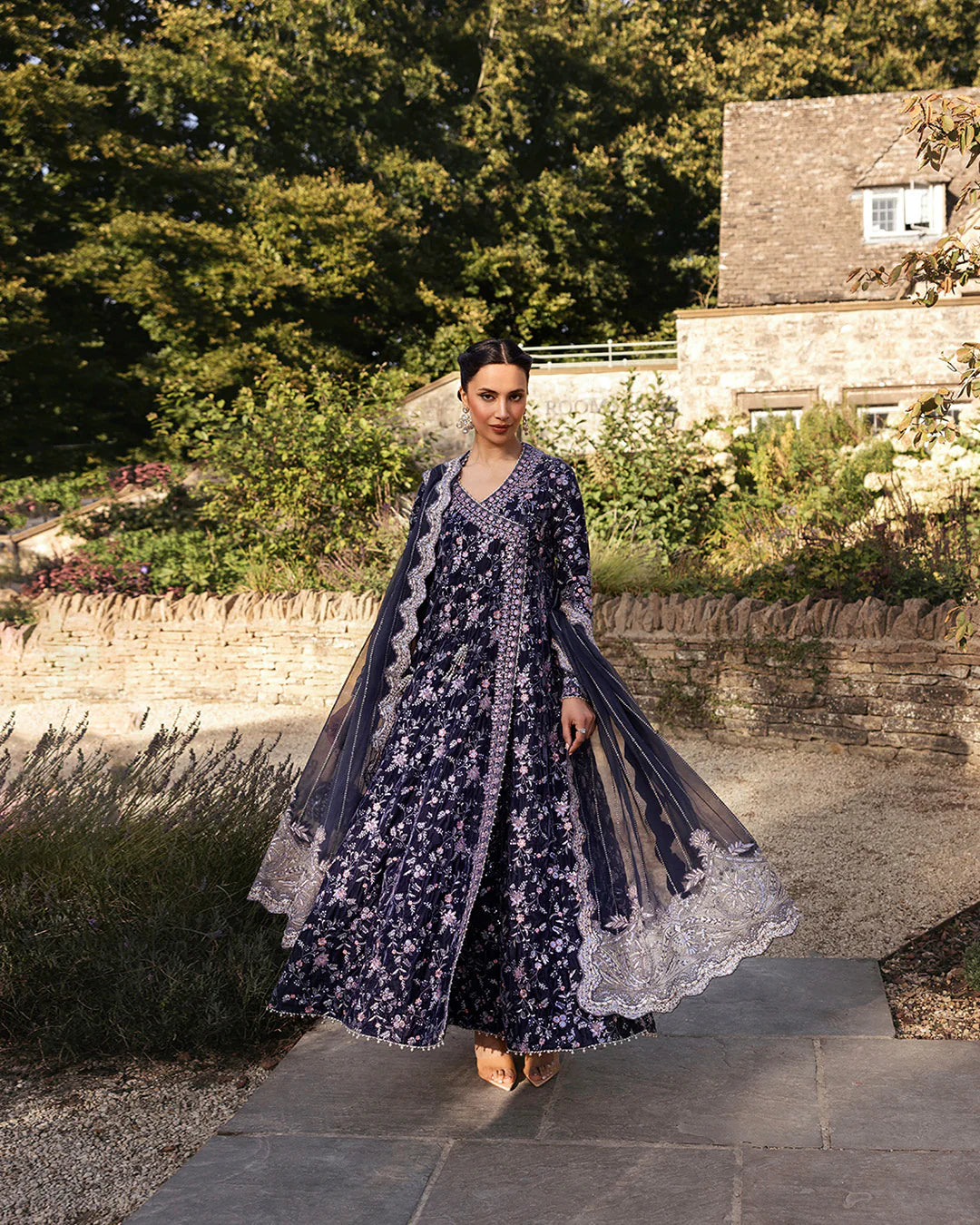 Faiza Saqlain | Charcoal Grey Embroidered Velvet Angrakha