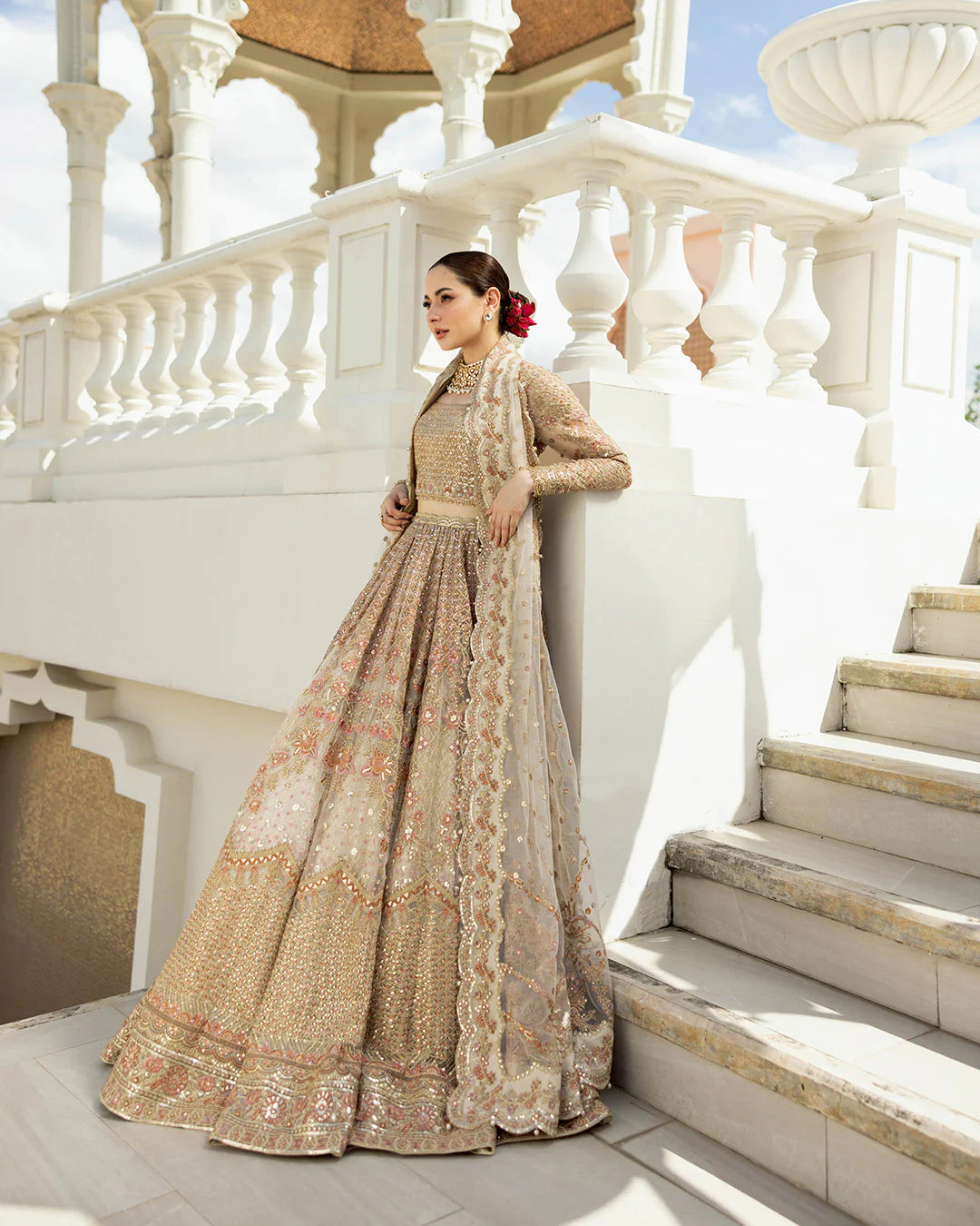 Faiza Saqlain | Ivory Gold Net Embroidered Sequenced Lehenga Choli