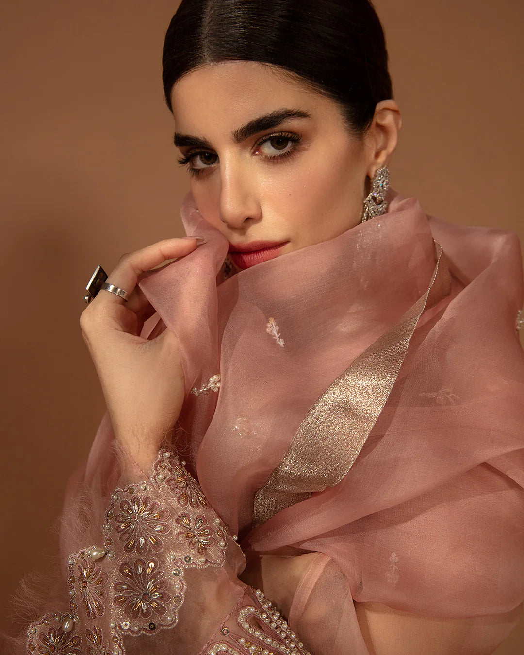 Faiza Saqlain | Peach Embellished Organza Suit