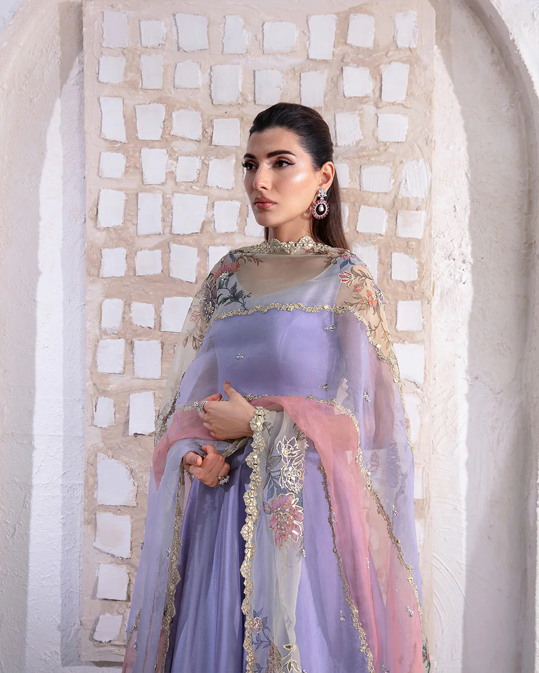 Faiza Saqlain | Lilac Silk Embroidered Pishwas
