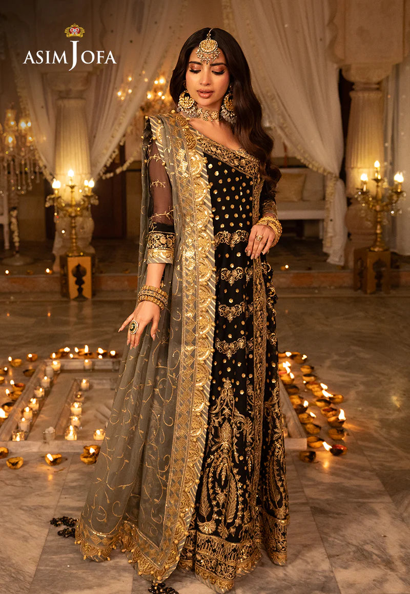 Asim Jofa | Black Embroidered Chiffon Angrakha