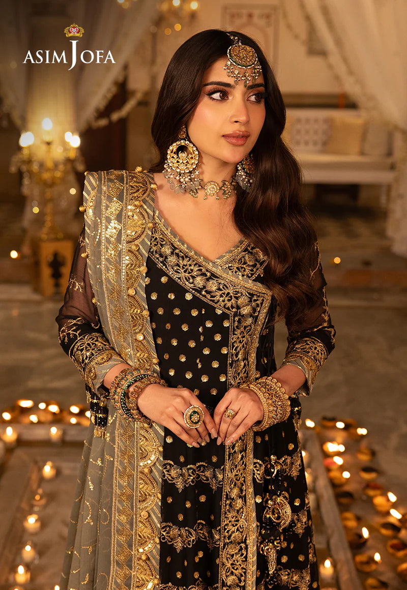 Asim Jofa | Black Embroidered Chiffon Angrakha
