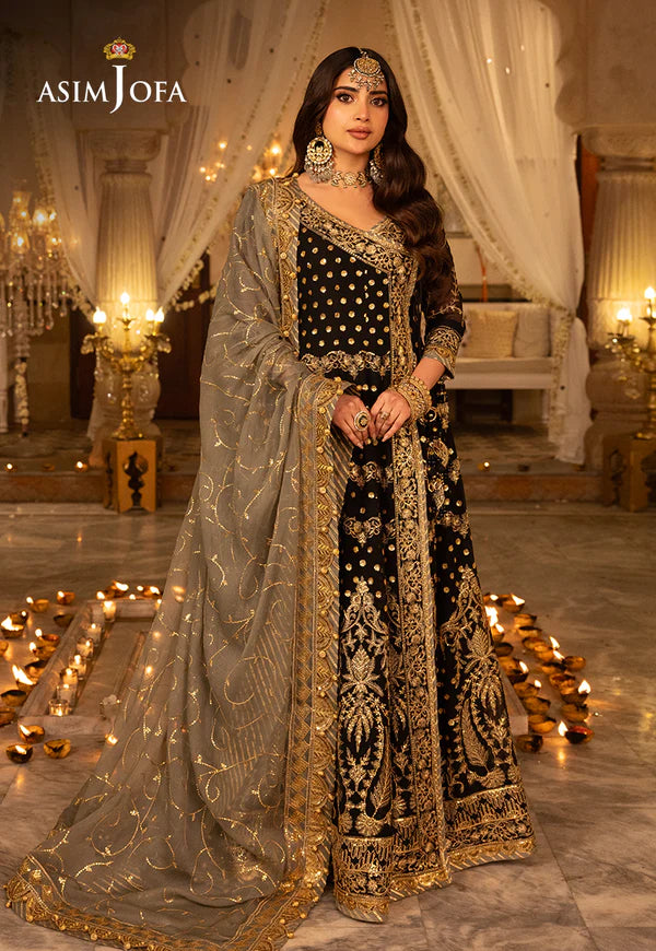 Asim Jofa | Black Embroidered Chiffon Angrakha