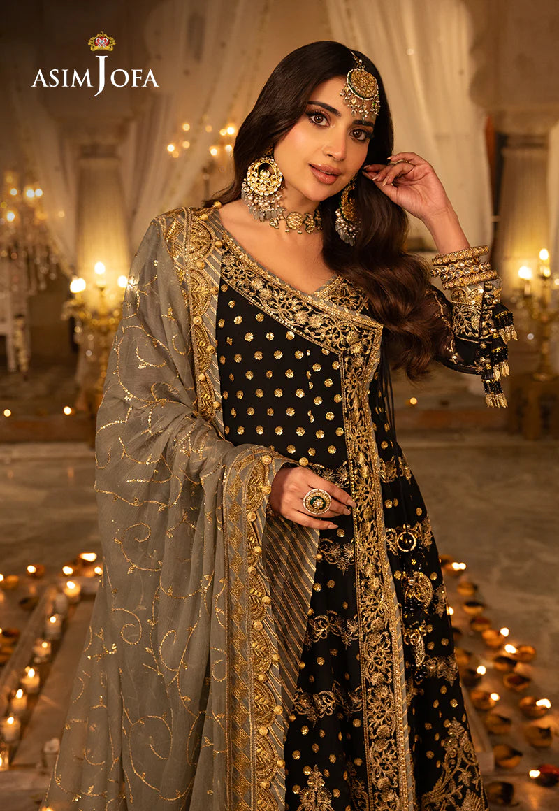 Asim Jofa | Black Embroidered Chiffon Angrakha