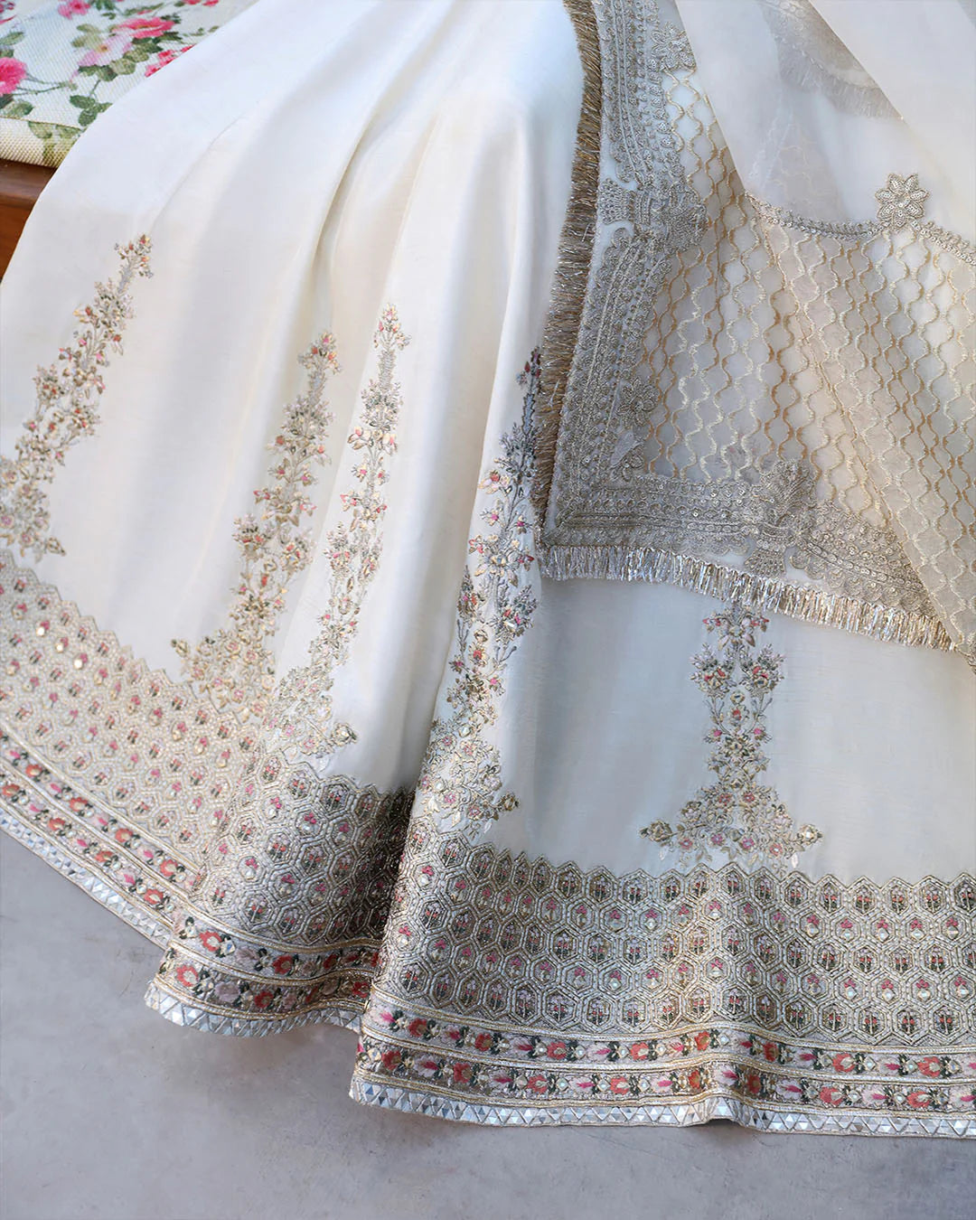 Faiza Saqlain | Off White Embroidered Korean Raw Silk Pishwas