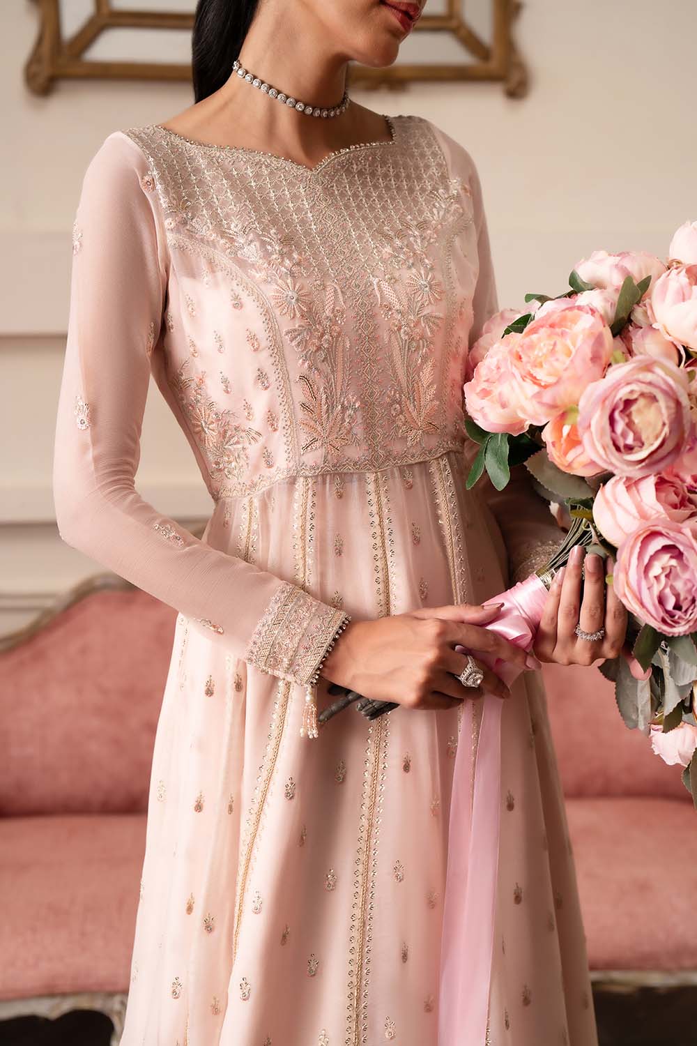 Roselyn | Peach Chiffon Embroidered Lehenga