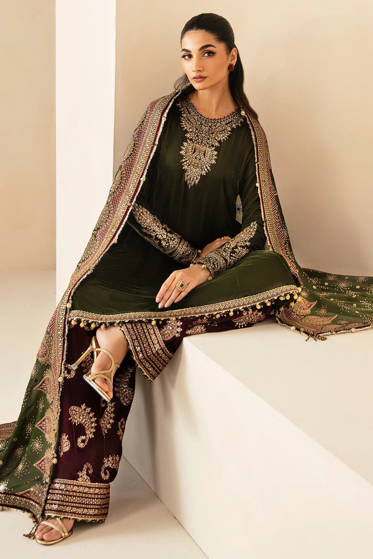 Jasmin | Green Embroidered Velvet Suit
