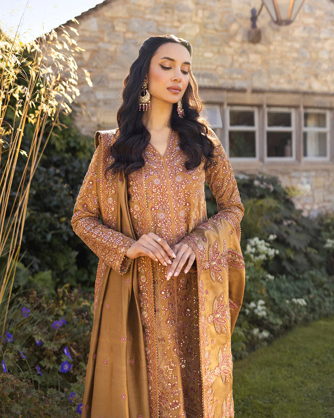 Faiza Saqlain | Mustard Brown Embroidered Velvet Dress