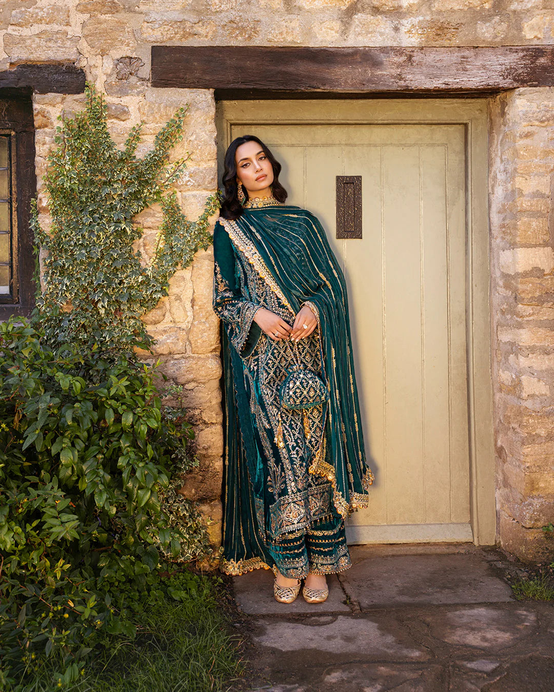 Faiza Saqlain | Teal Embroidered Velvet Suit