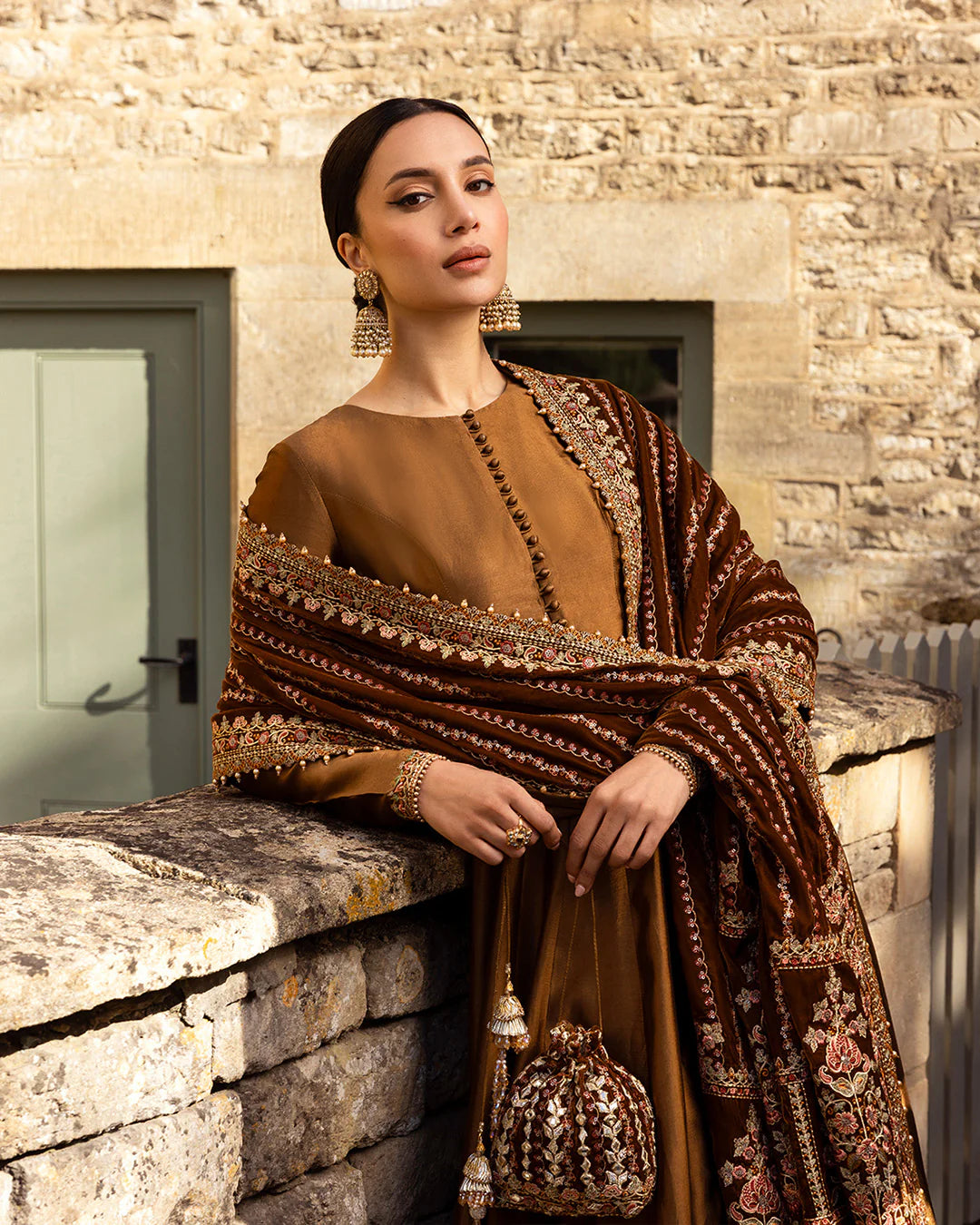 Faiza Saqlain | Copper Brown Silk Embroidered Pishwas