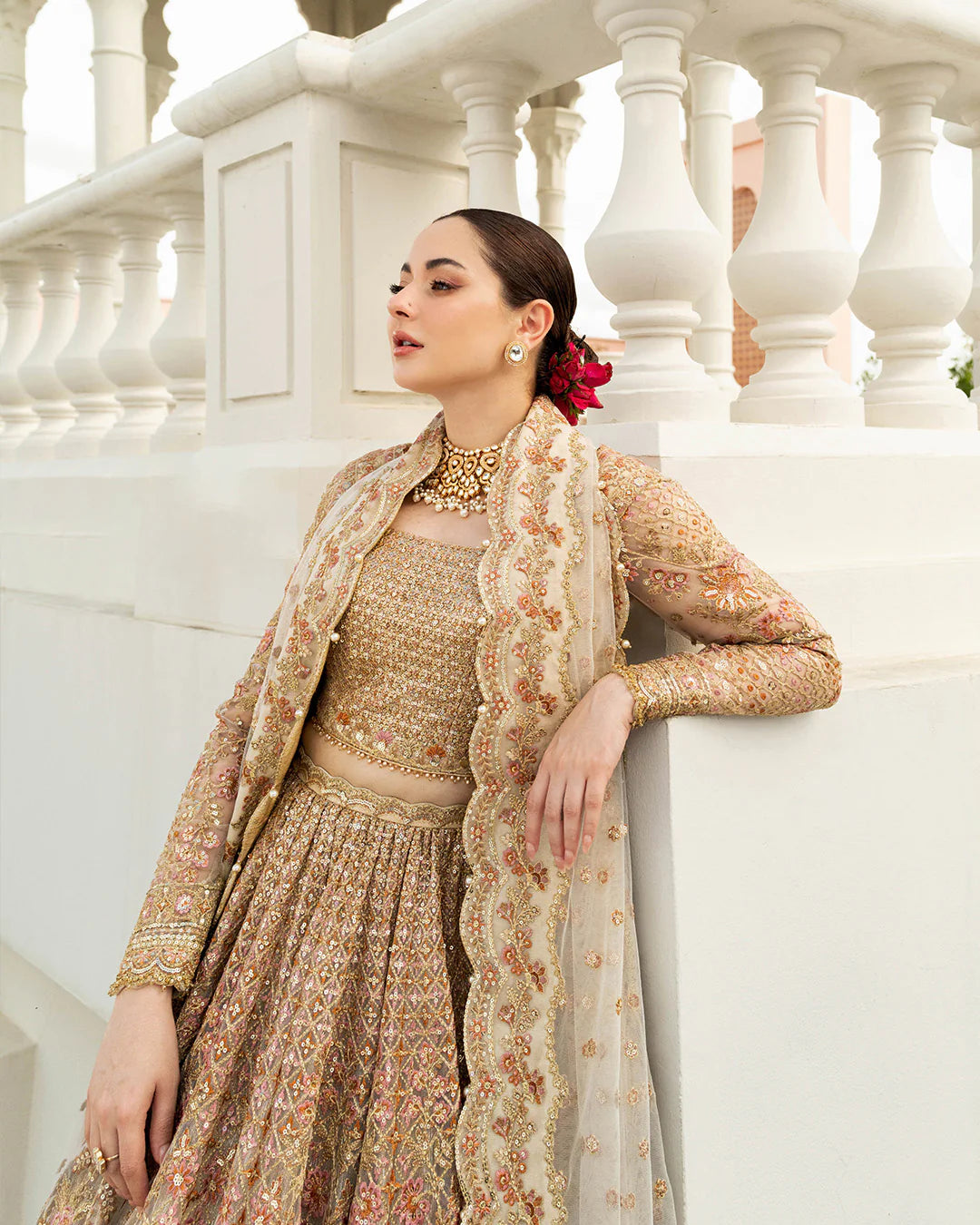 Faiza Saqlain | Ivory Gold Net Embroidered Sequenced Lehenga Choli