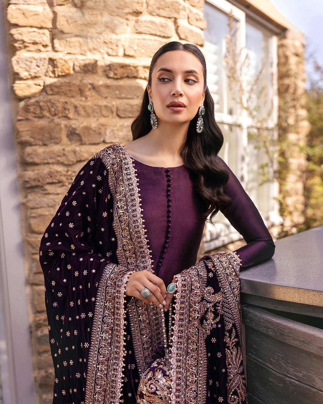Faiza Saqlain | Dark Plum Silk Embroidered Suit