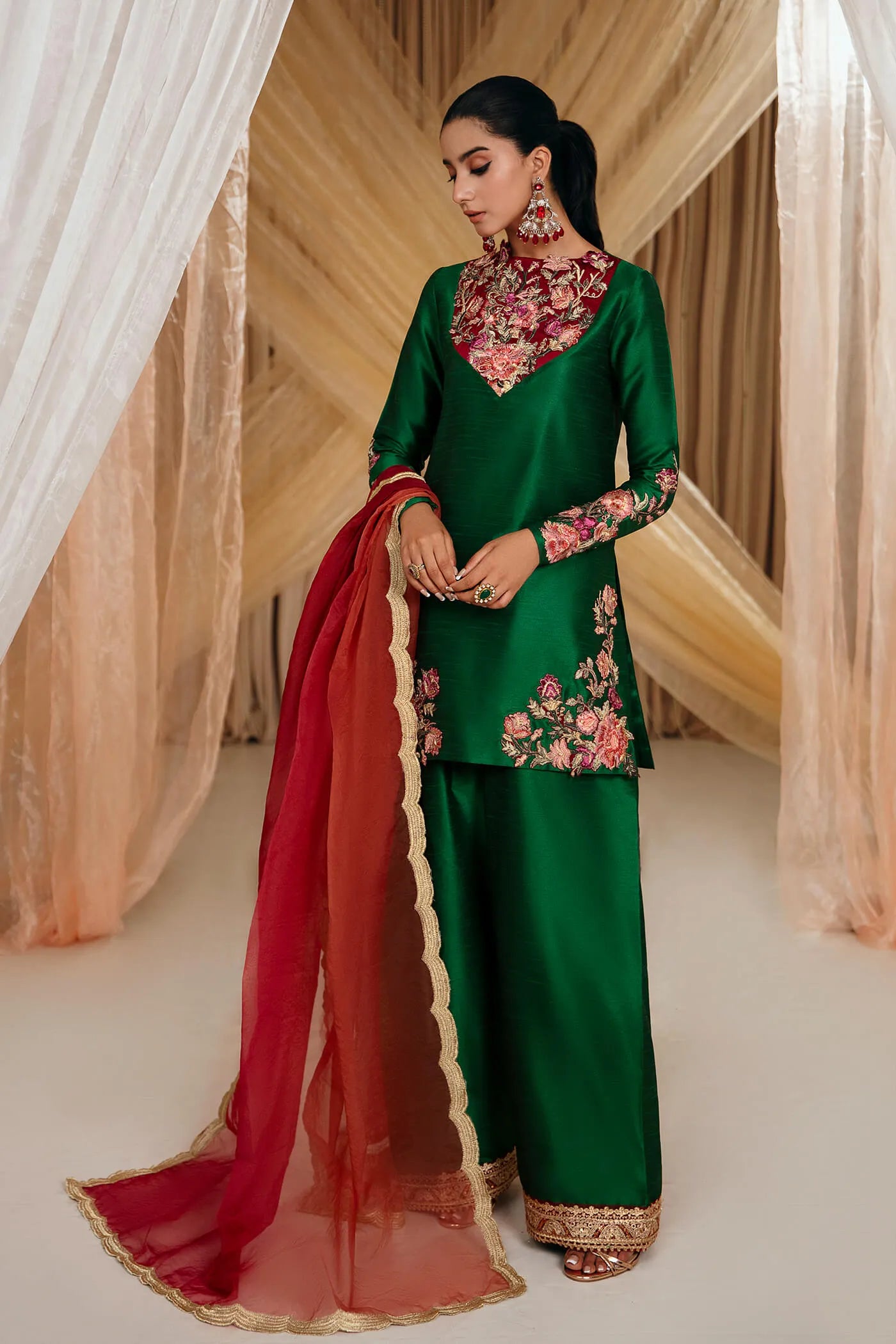 Emerald Green | Embroidered Embellished Silk Suit