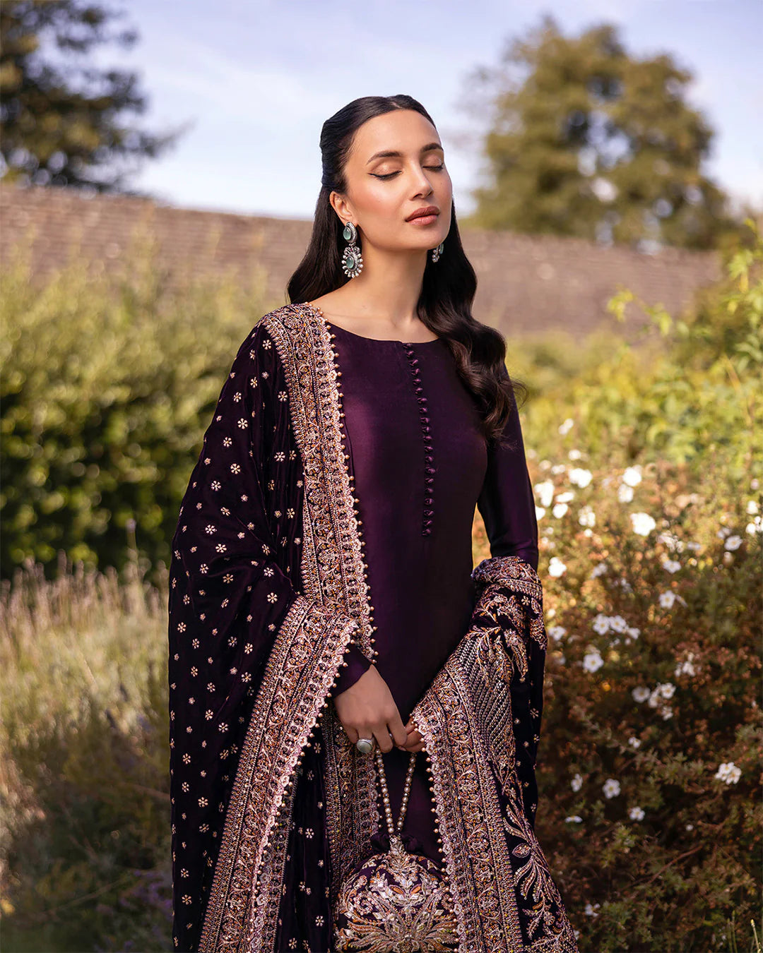 Faiza Saqlain | Dark Plum Silk Embroidered Suit