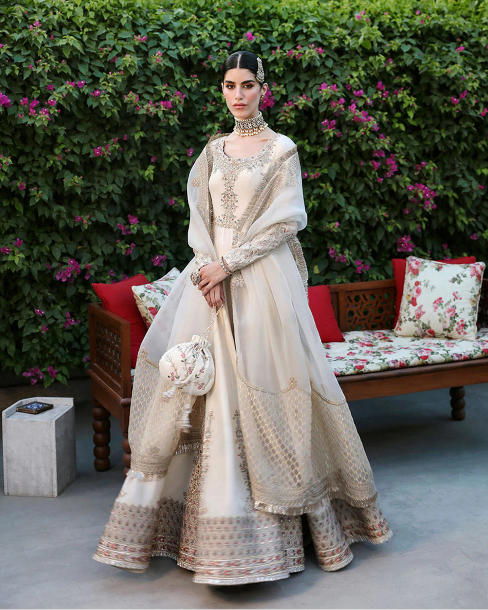 Faiza Saqlain | Off White Embroidered Korean Raw Silk Pishwas