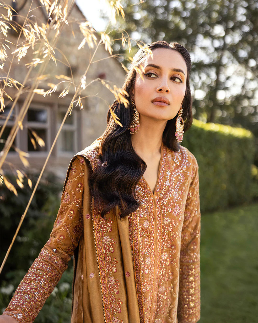 Faiza Saqlain | Mustard Brown Embroidered Velvet Dress