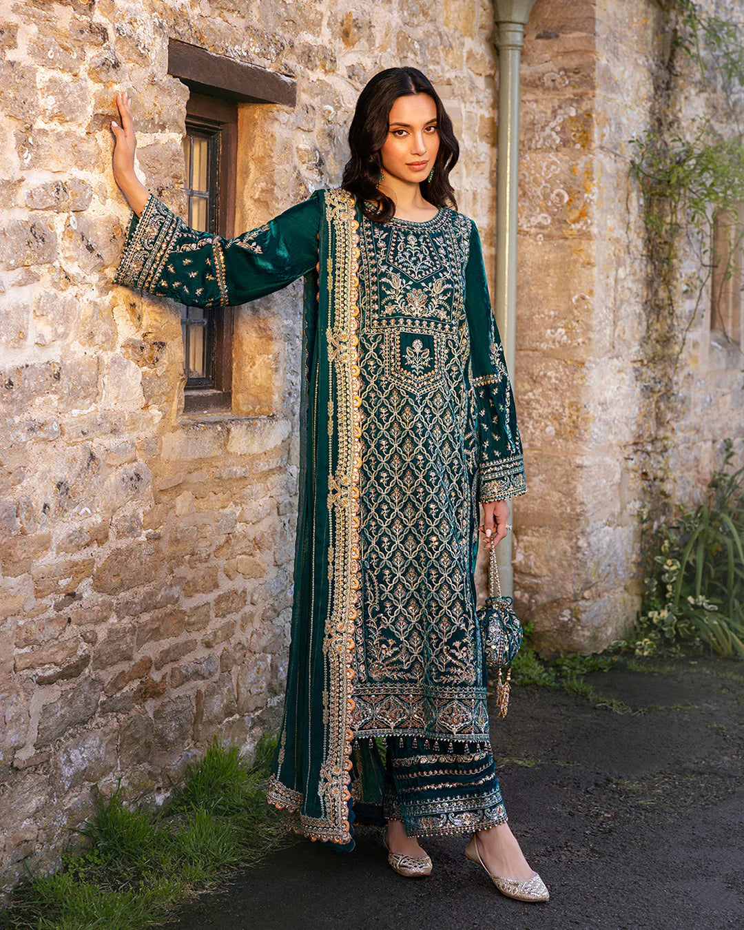 Faiza Saqlain | Teal Embroidered Velvet Suit