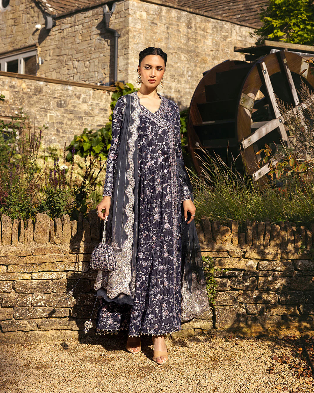 Faiza Saqlain | Charcoal Grey Embroidered Velvet Angrakha