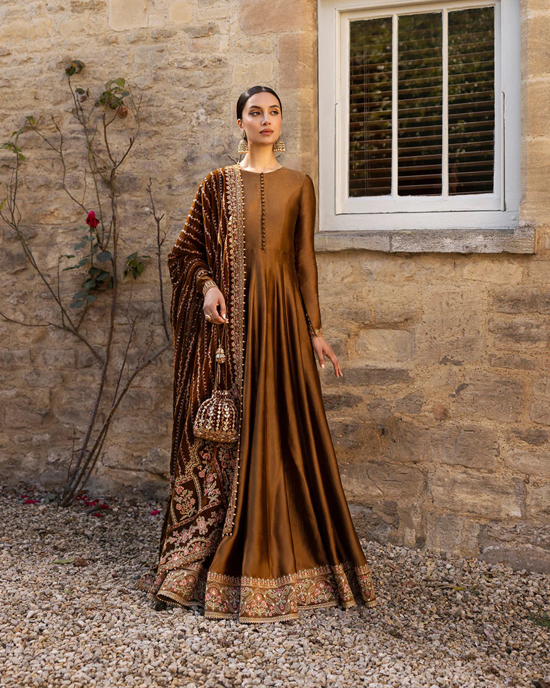 Faiza Saqlain | Copper Brown Silk Embroidered Pishwas