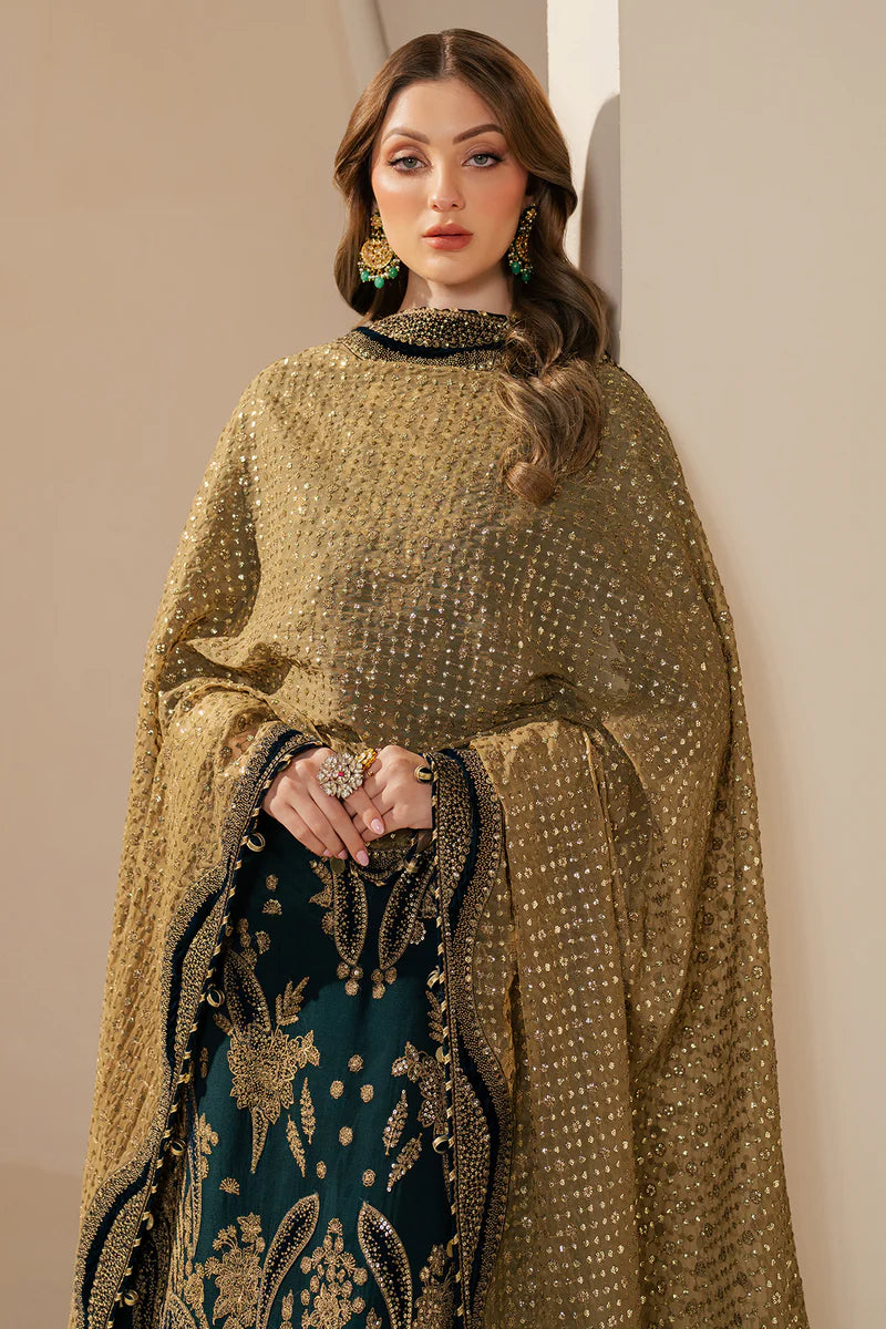 Kaya | Teal Green Embroidered Chiffon Velvet Appliqued Lehenga