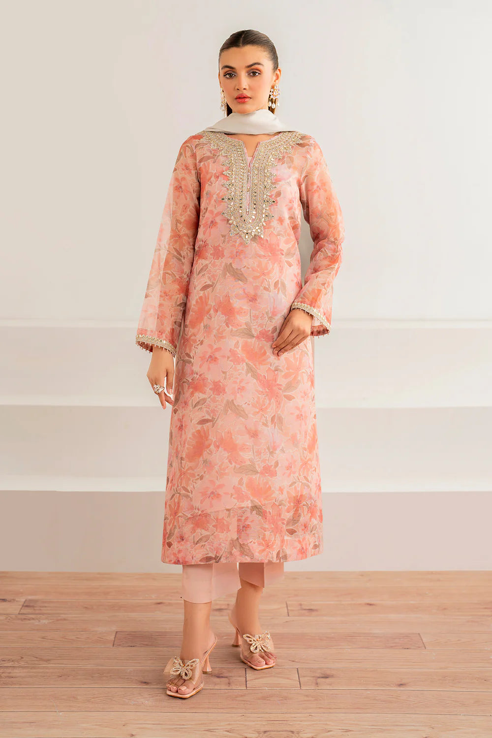 Baroque | Pink Embroidered Cotton Net Suit