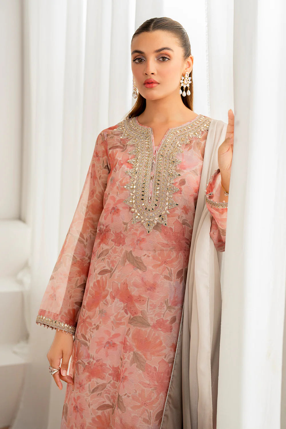 Baroque | Pink Embroidered Cotton Net Suit
