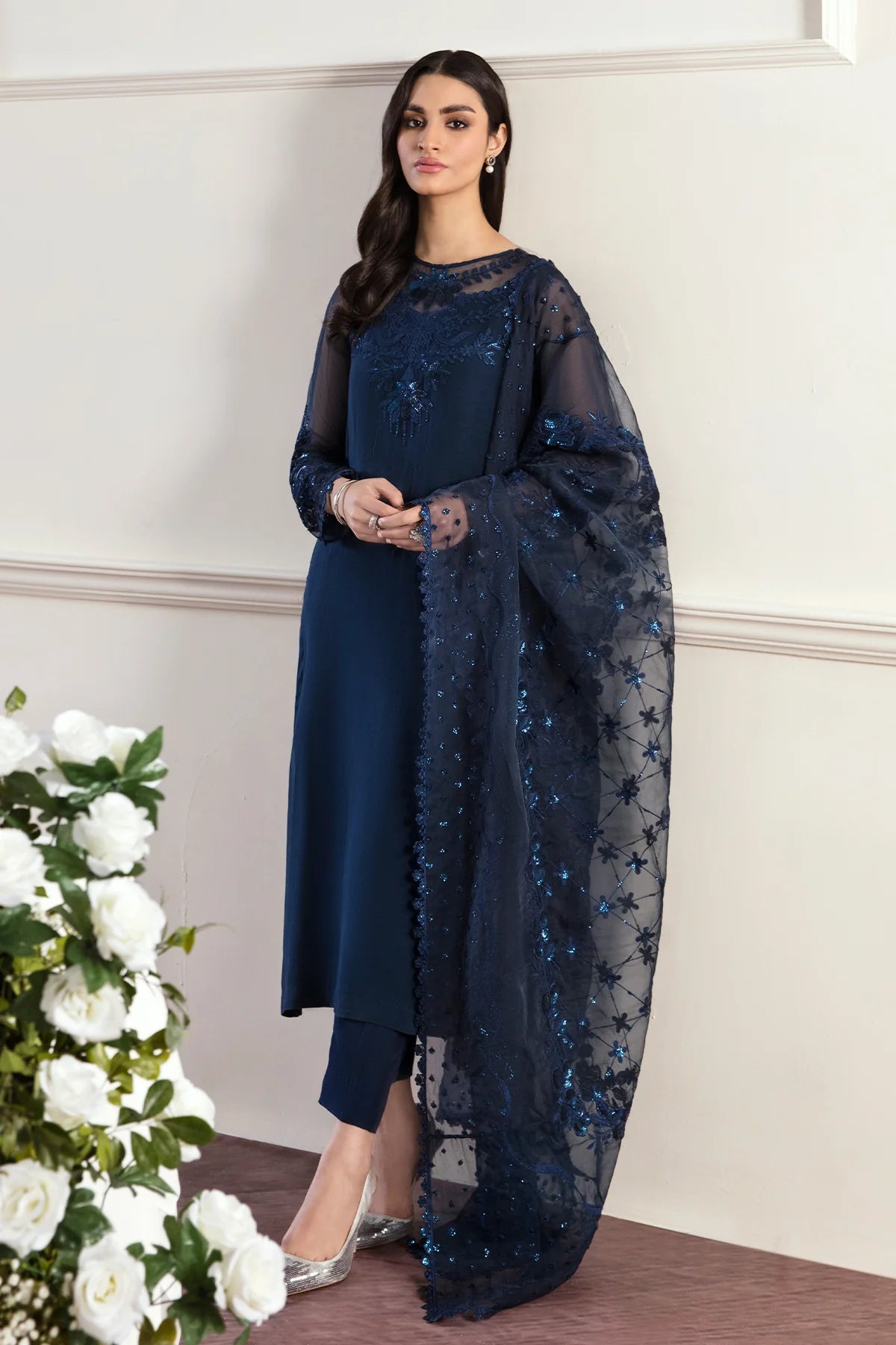 Navy Embroidered Chiffon Dress