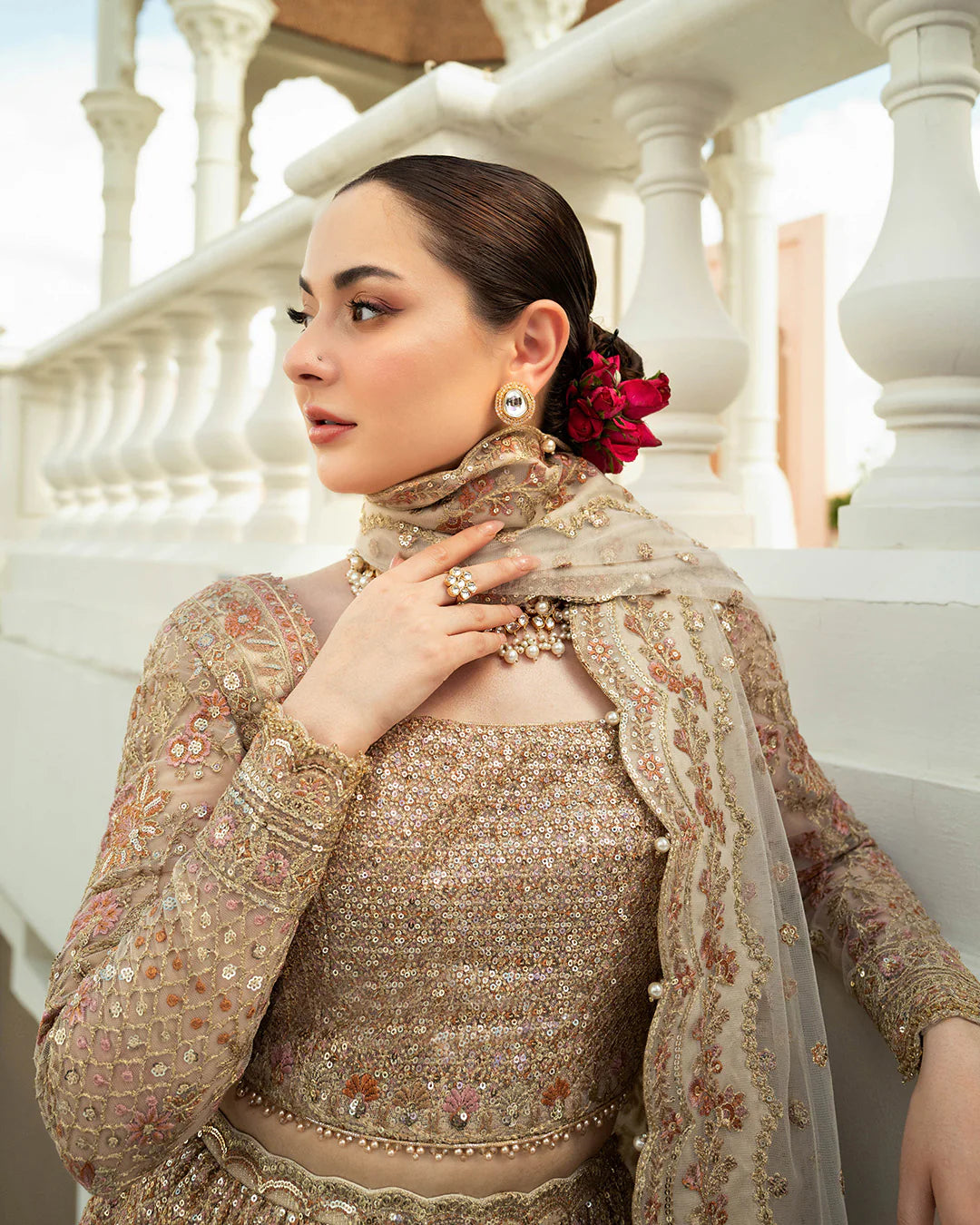 Faiza Saqlain | Ivory Gold Net Embroidered Sequenced Lehenga Choli