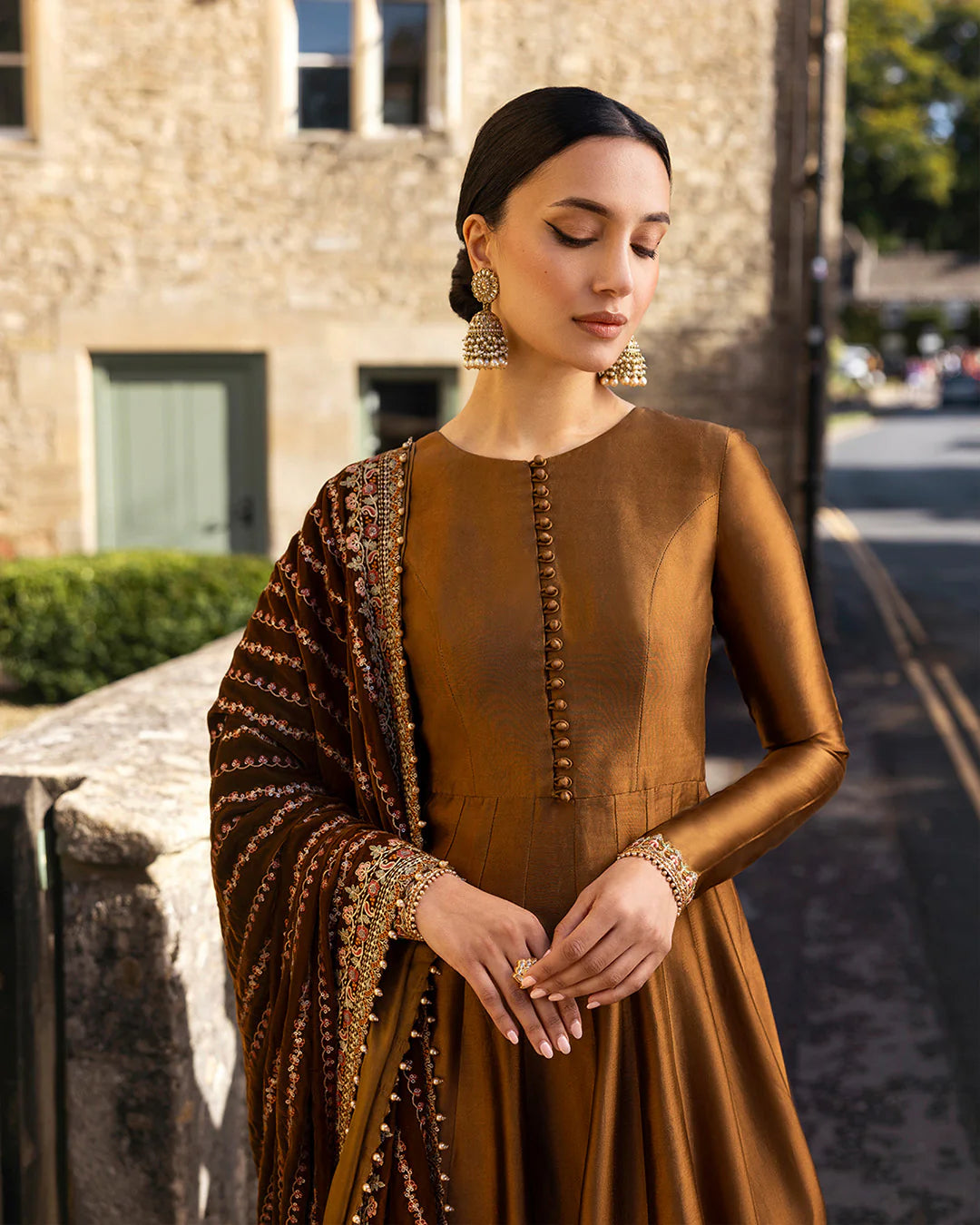 Faiza Saqlain | Copper Brown Silk Embroidered Pishwas