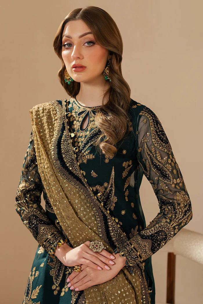 Kaya | Teal Green Embroidered Chiffon Velvet Appliqued Lehenga