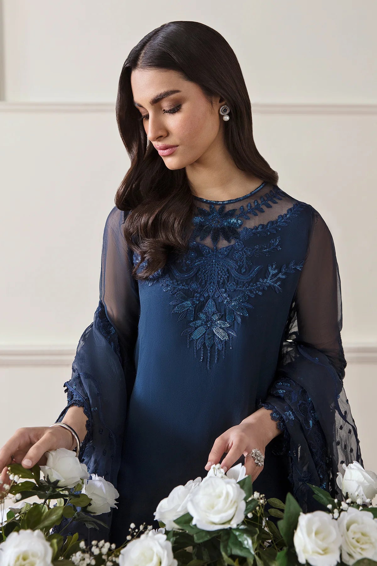 Navy Embroidered Chiffon Dress