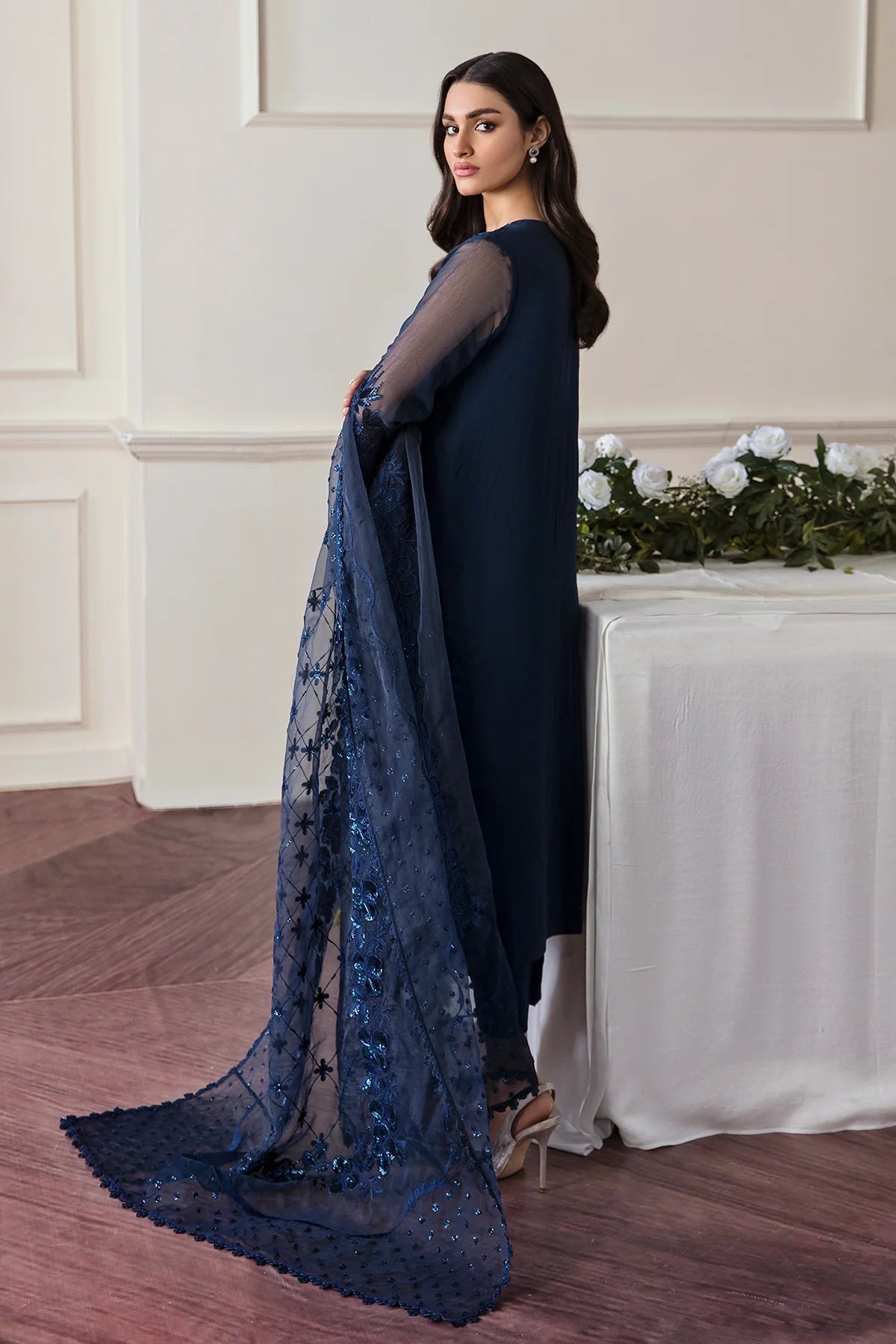 Navy Embroidered Chiffon Dress