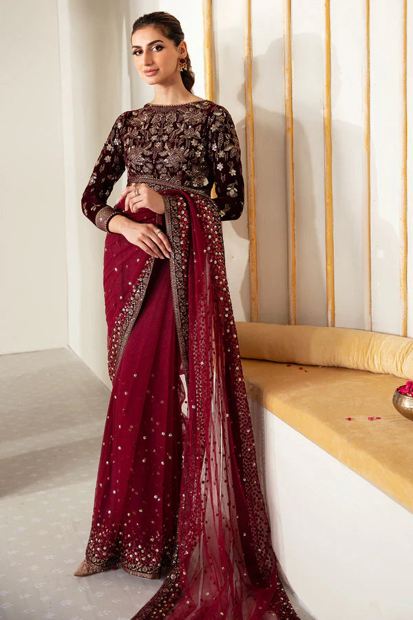 Raman | Maroon Embroidered Velvet Saree
