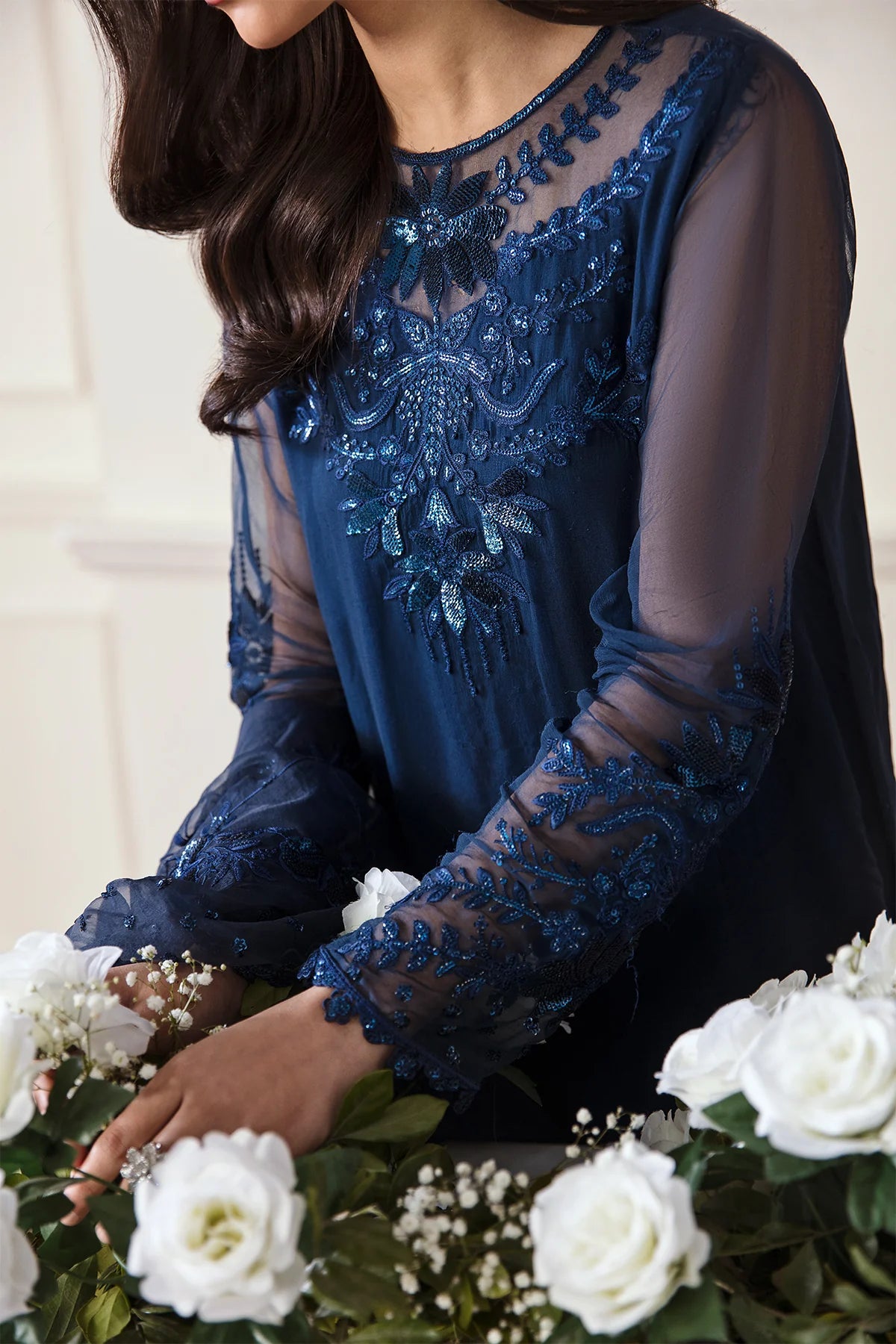 Navy Embroidered Chiffon Dress