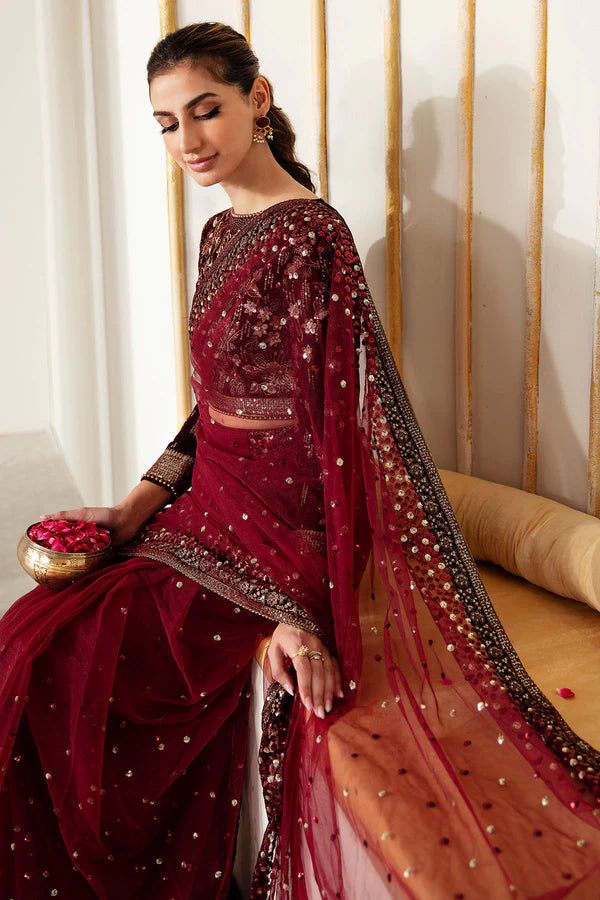 Raman | Maroon Embroidered Velvet Saree