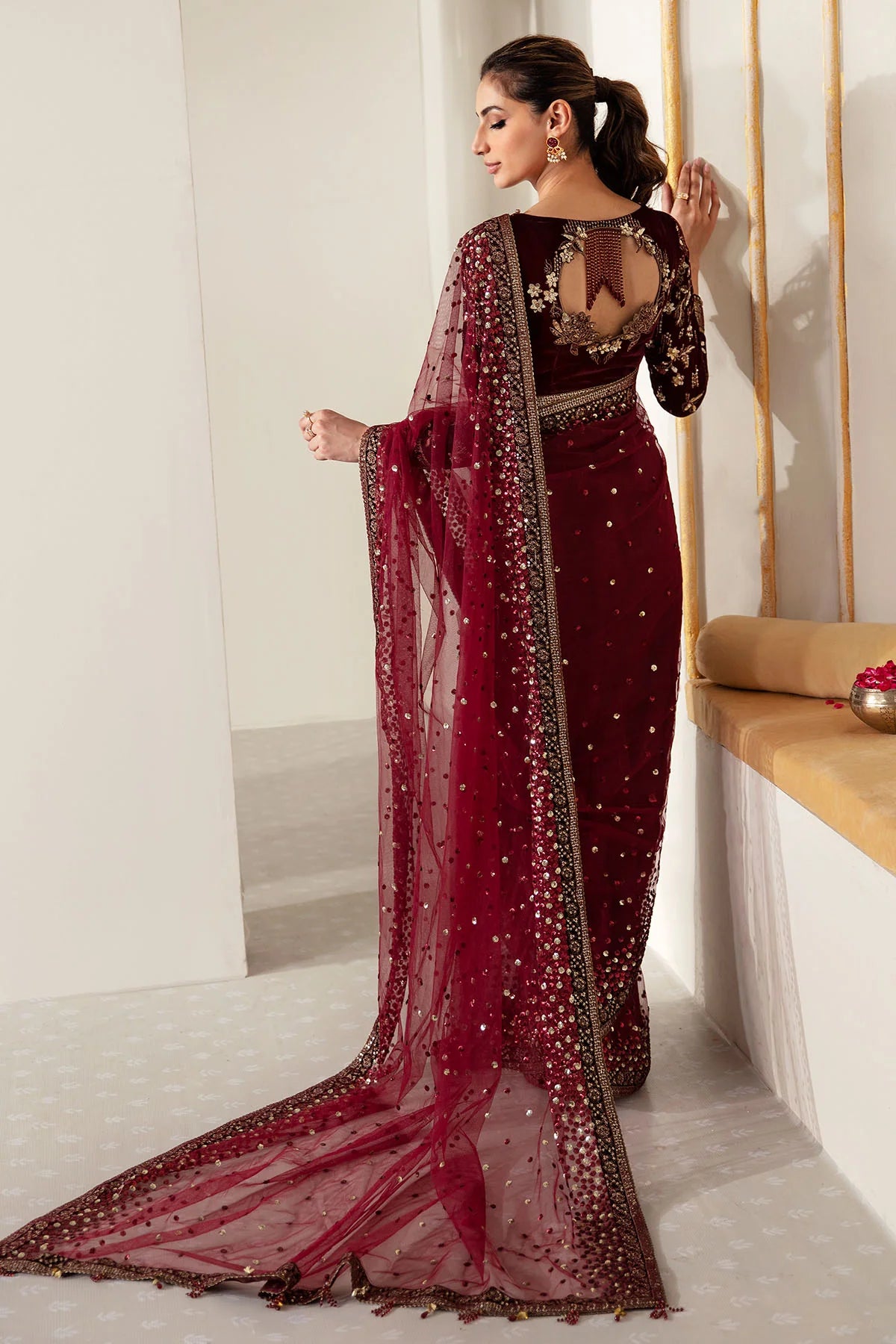 Raman | Maroon Embroidered Velvet Saree