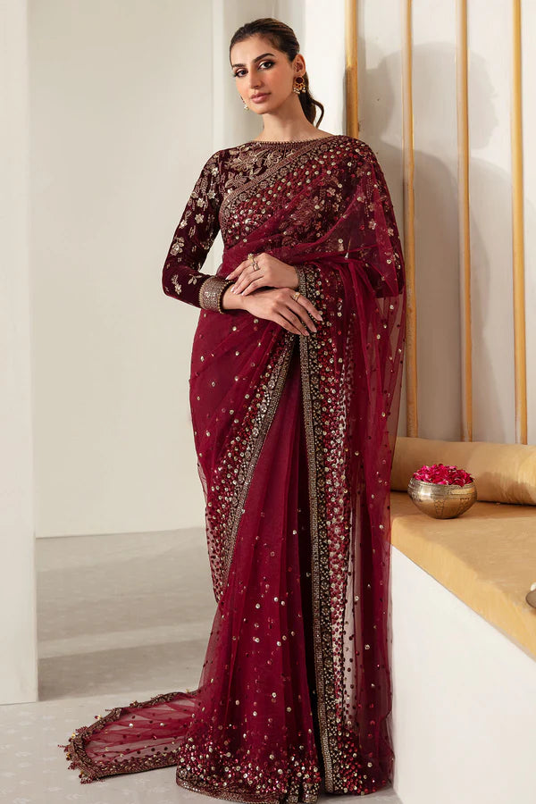 Raman | Maroon Embroidered Velvet Saree