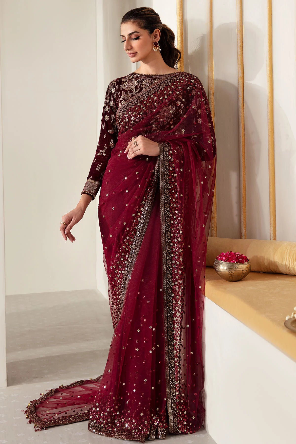 Raman | Maroon Embroidered Velvet Saree