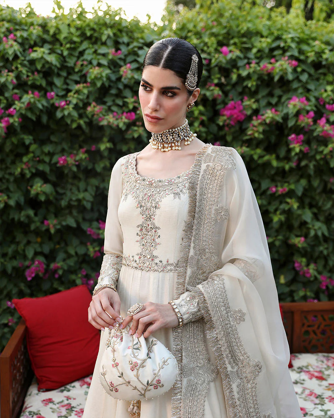 Faiza Saqlain | Off White Embroidered Korean Raw Silk Pishwas
