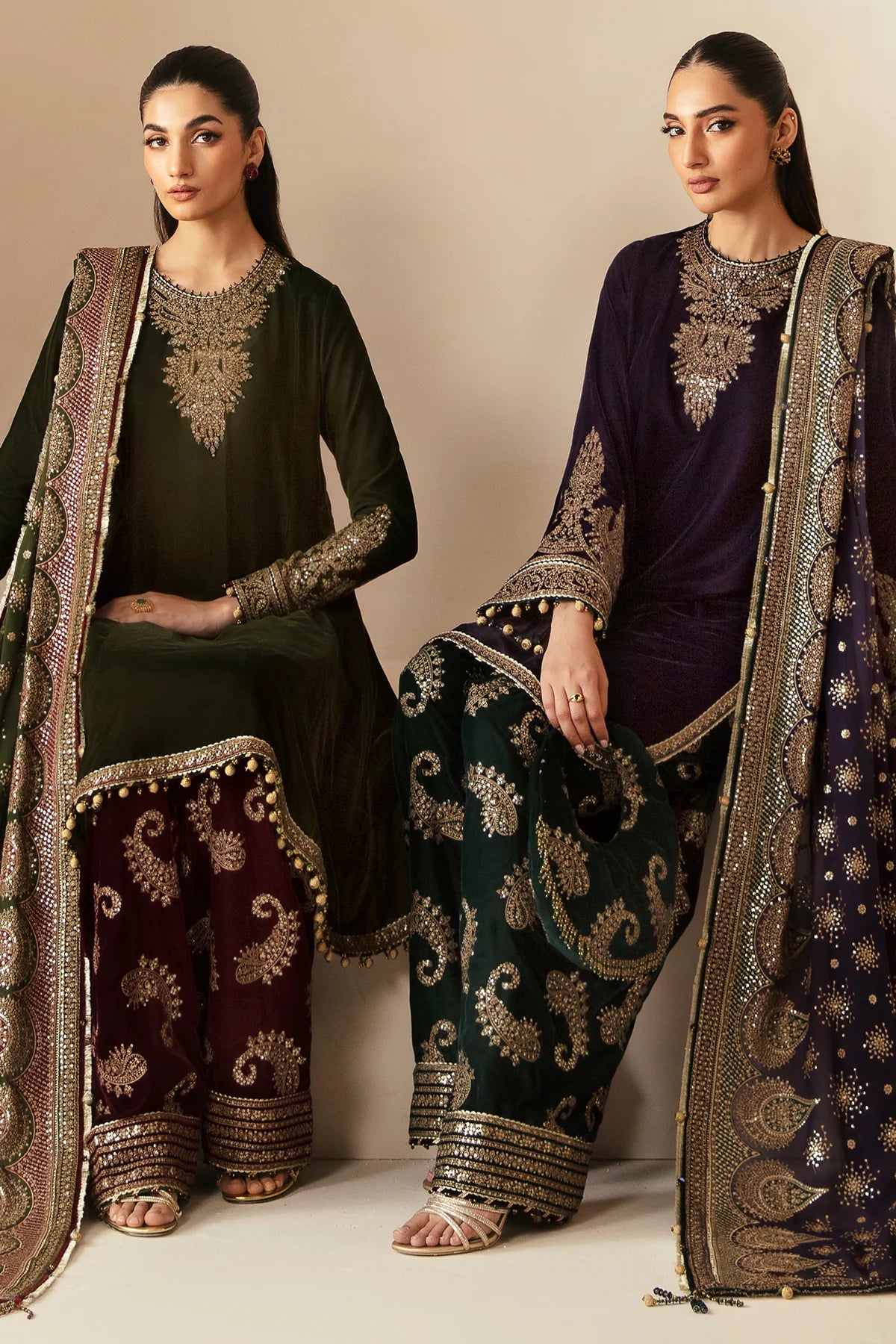 Jasmin | Green Embroidered Velvet Suit