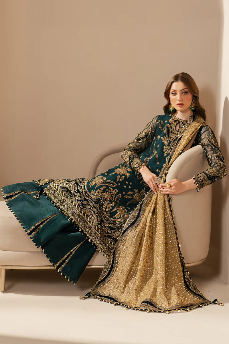 Kaya | Teal Green Embroidered Chiffon Velvet Appliqued Lehenga