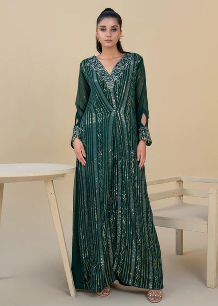 Jewel | Bottle Green Chiffon Embroidered Kaftan