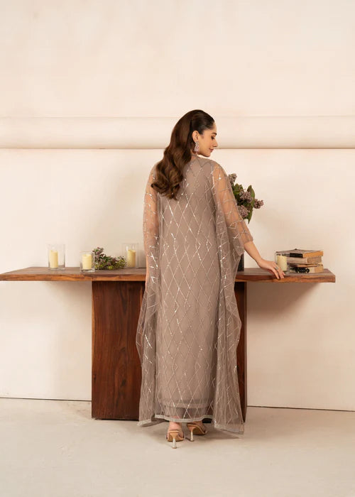 Malhaar | Beige Hand Embroidered Net Kaftan