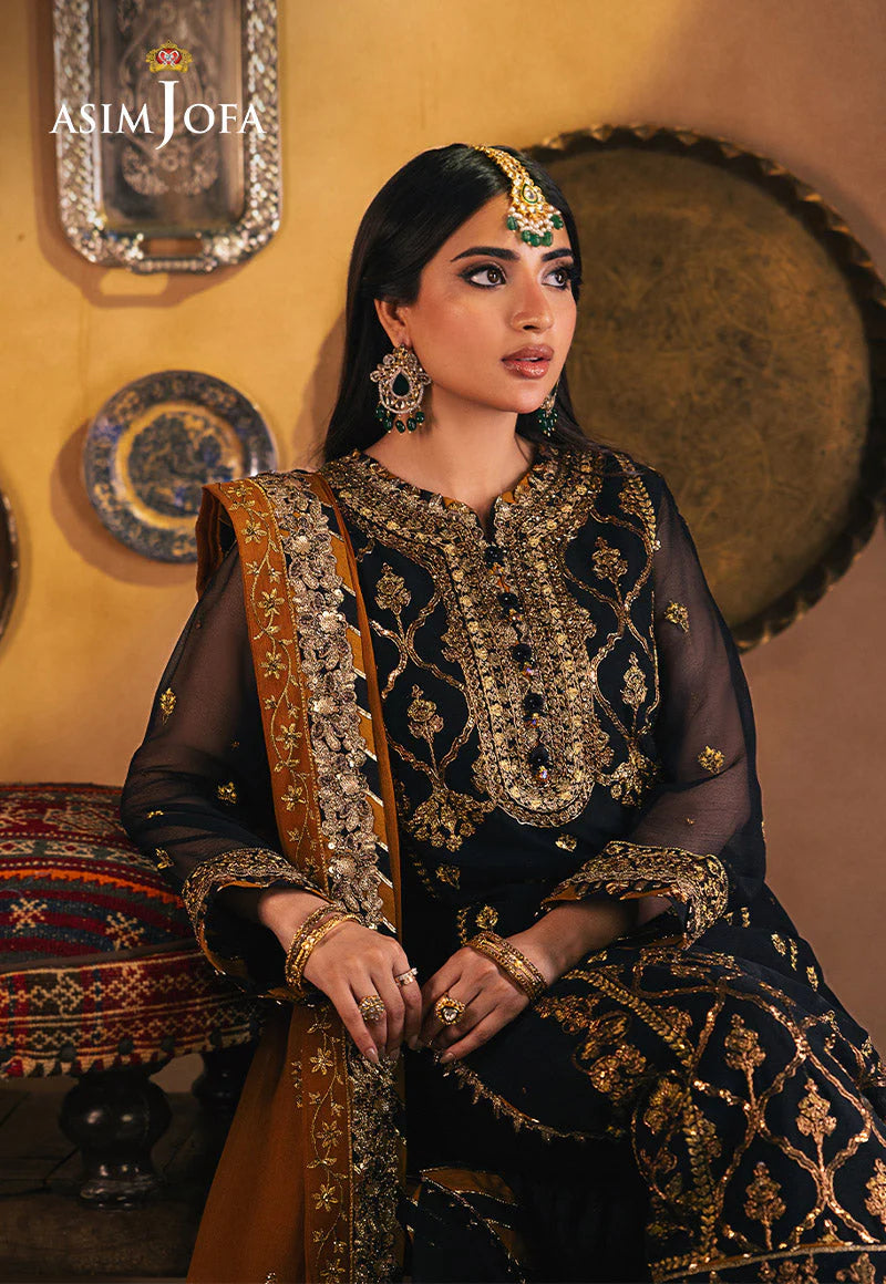 Asim Jofa | Black and Gold Embroidered Chiffon Suit
