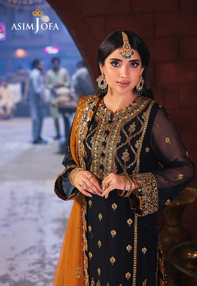 Asim Jofa | Black and Gold Embroidered Chiffon Suit