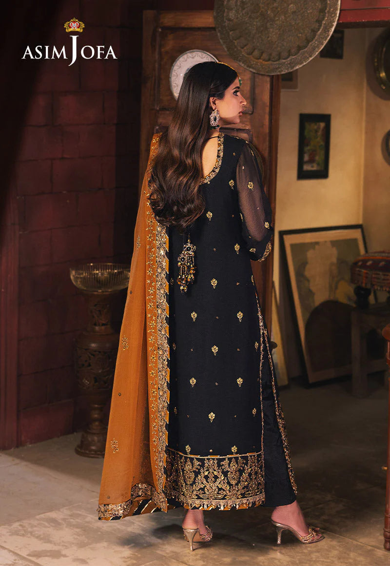 Asim Jofa | Black and Gold Embroidered Chiffon Suit