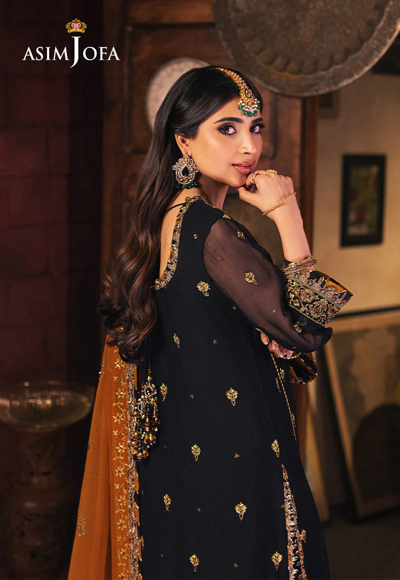Asim Jofa | Black and Gold Embroidered Chiffon Suit