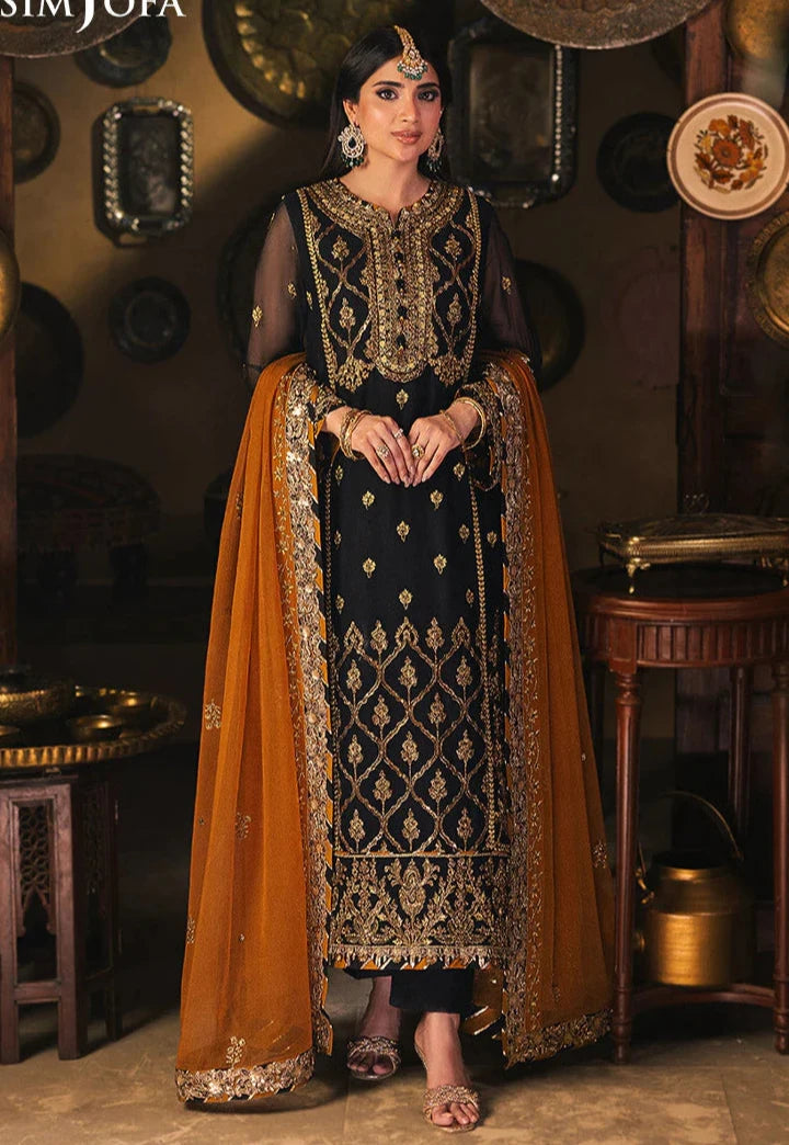 Asim Jofa | Black and Gold Embroidered Chiffon Suit