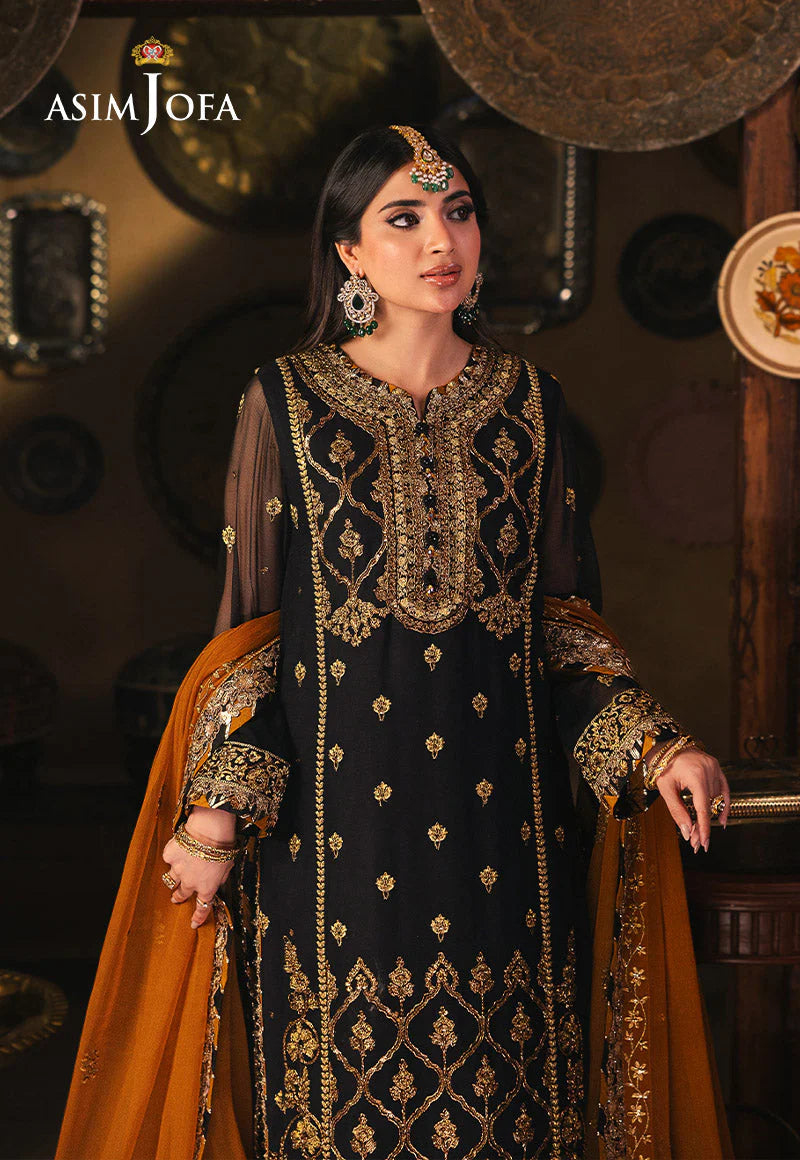 Asim Jofa | Black and Gold Embroidered Chiffon Suit